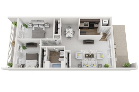 2 Bed 1 Bath 903sf 3D Floor Plan, at Brook View Apartments, Baltimore